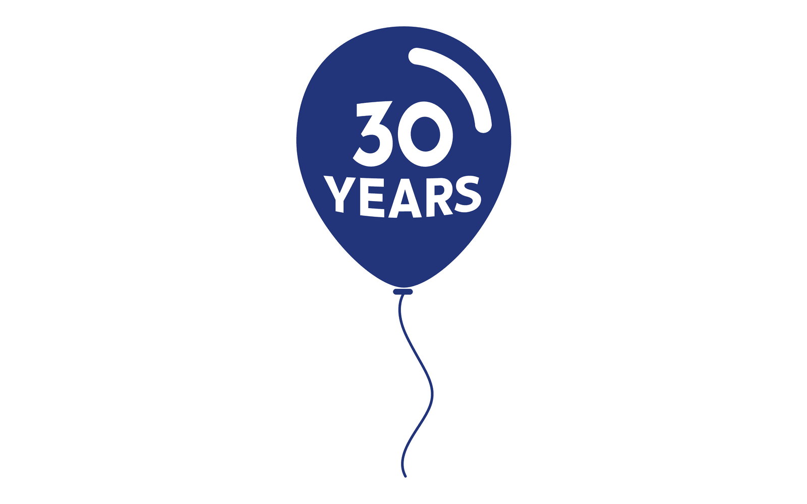 A navy blue balloon printed with “30 YEARS” in white, celebrating 360Works’ 30th anniversary.