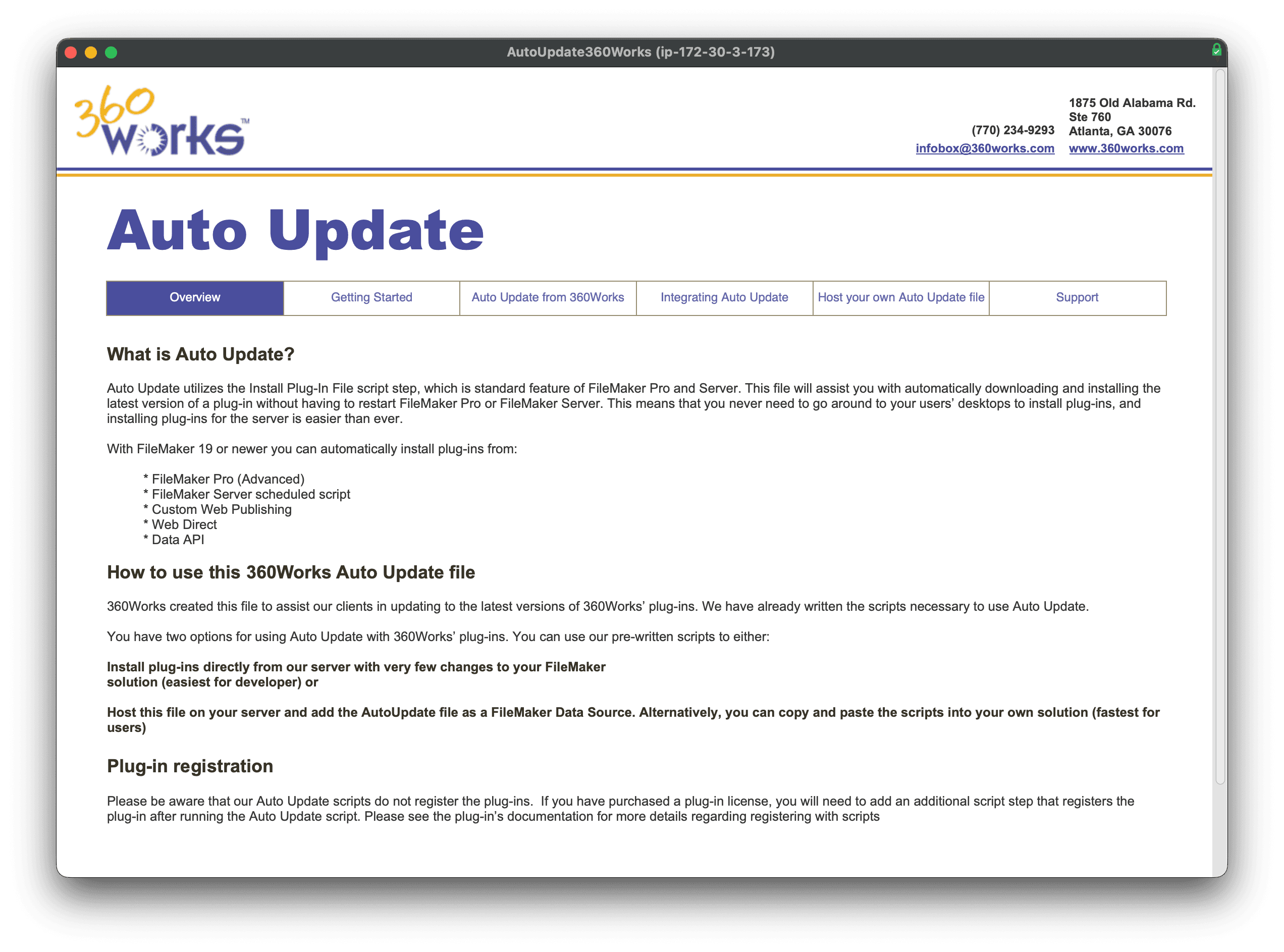 Screenshot of the 360Works Auto Update FileMaker file — a tabbed interface with sections for Getting Started, Auto Update from 360Works, integration, and hosting your own update file.