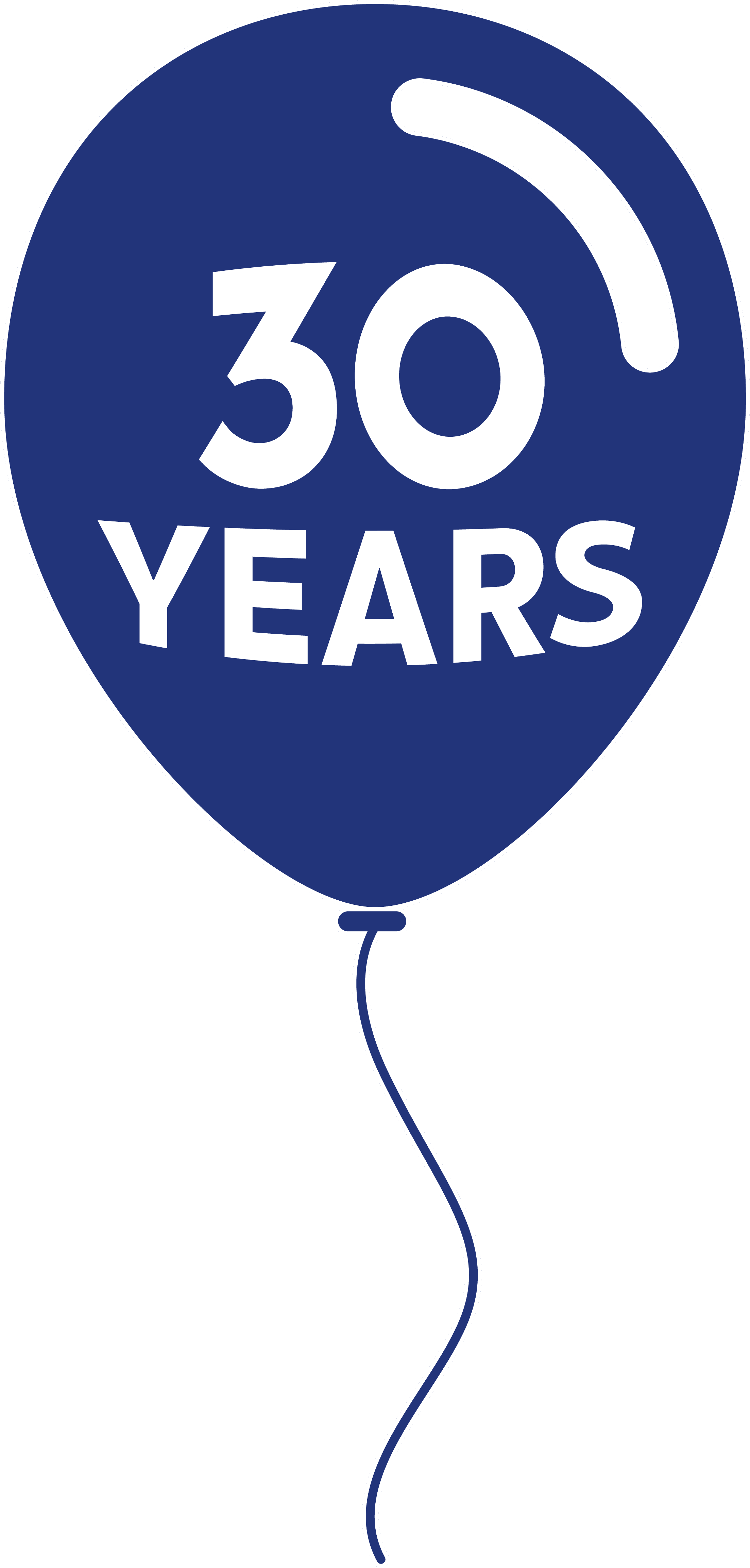 A navy blue balloon printed with “30 YEARS” in white, drifting on a string.